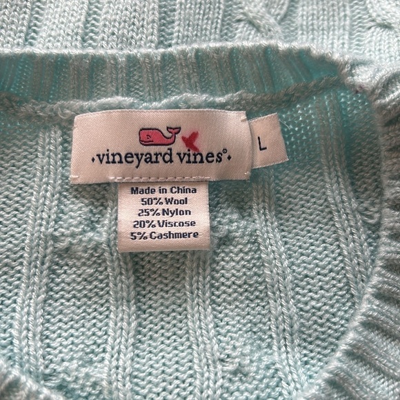 VINEYARD VINES Cable Knit Shine Crewneck Sweater Mist Green Ribbed Sz L - Picture 6 of 8